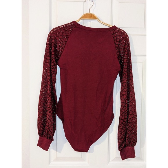 MANGOPOP Women Burgundy Bodysuit Sheer Lace Long Sleeve Classy Sexy Sz. M NWT - Picture 8 of 10